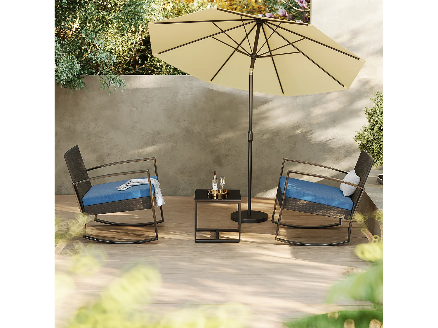 Bealife ensemble de fauteuil à bascule de jardin avec table d'appoint - bleu