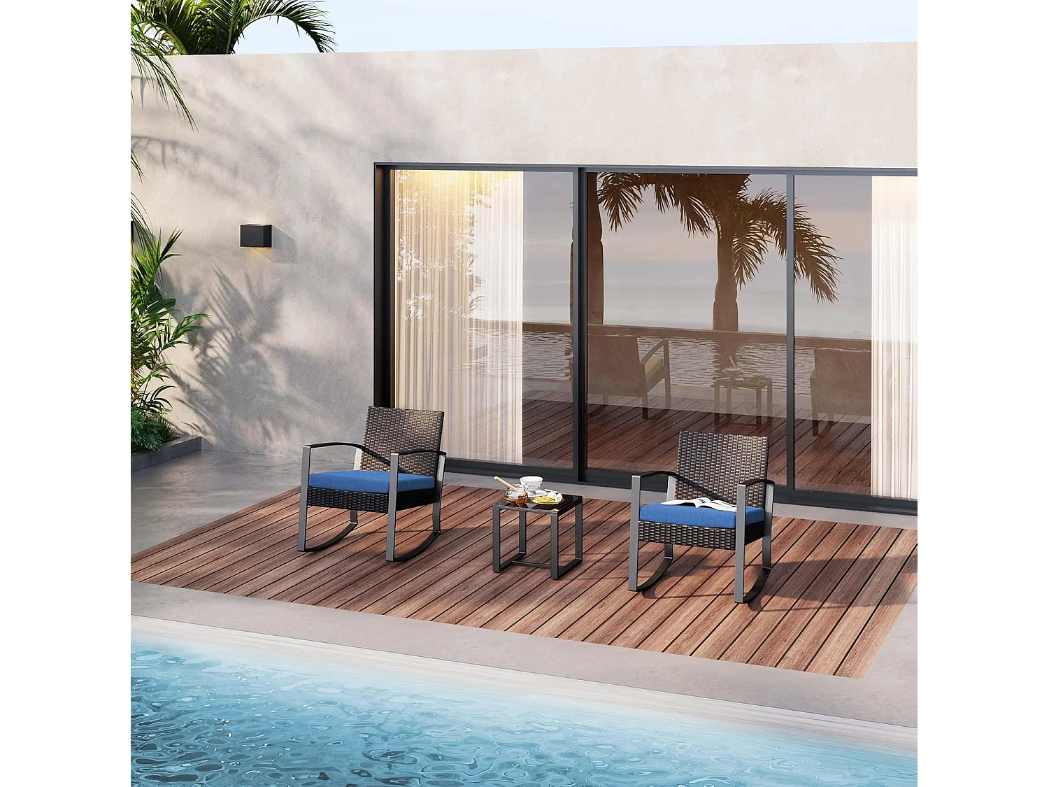 Bealife ensemble de fauteuil à bascule de jardin avec table d'appoint - bleu