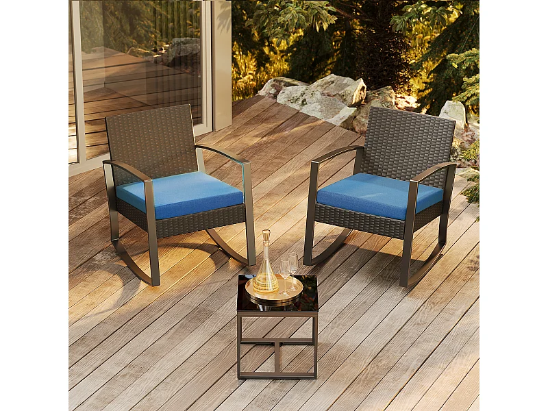 Bealife Jardín para 2 Personas Acero Sillón Cojines Mesa Vidrio Templado Ideal Juegos Comedor Conversación Terraza Balcón Zonas Exteriores Azul