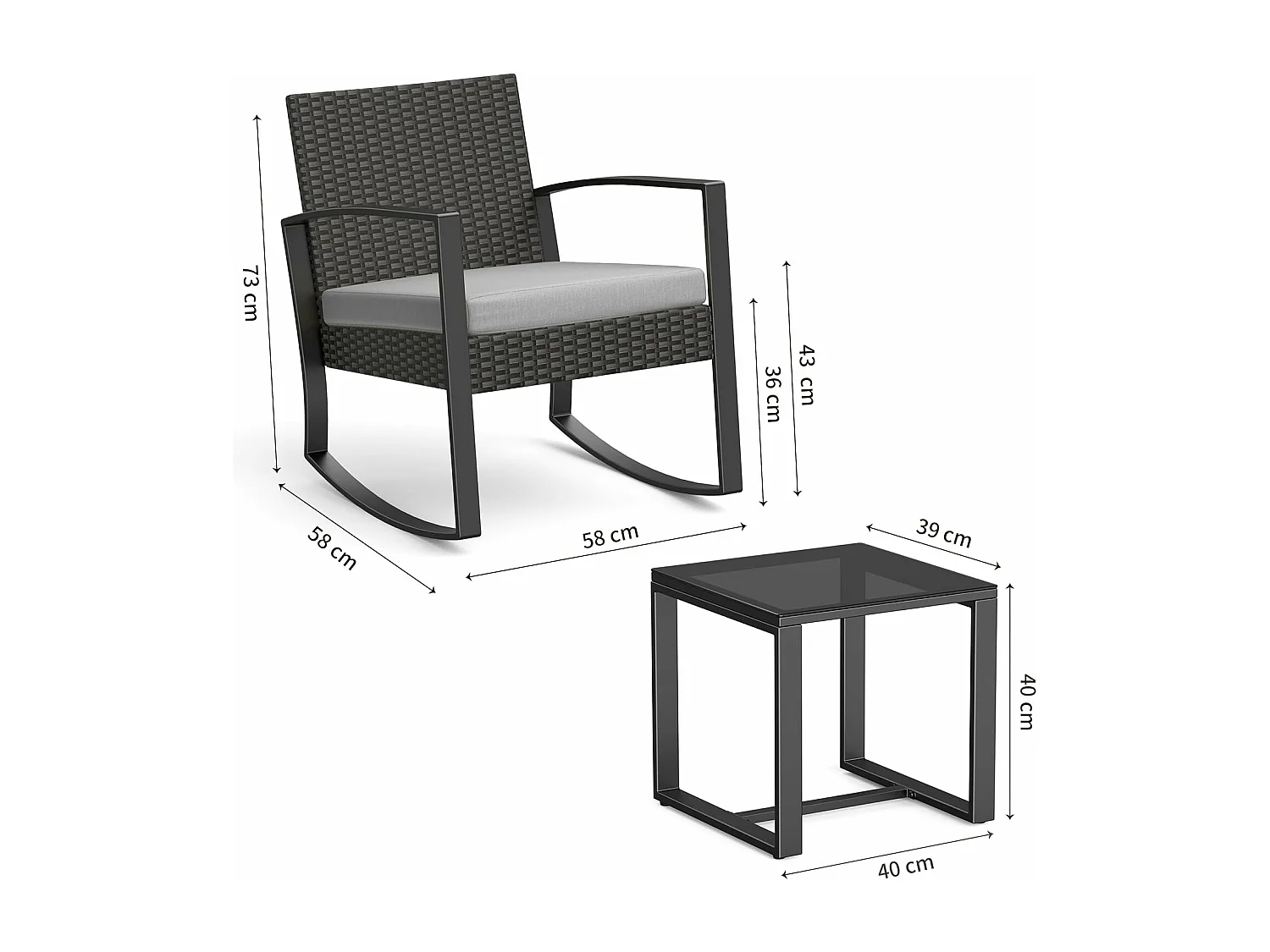 Bealife ensemble de fauteuil à bascule de jardin avec table d'appoint - gris