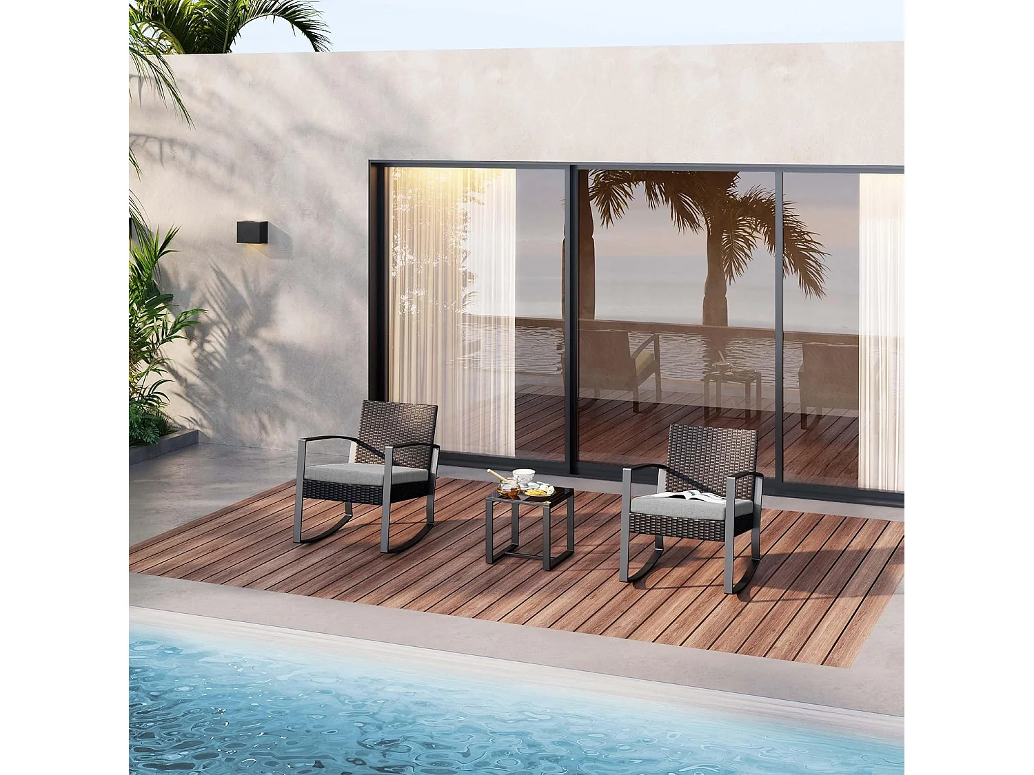 Bealife ensemble de fauteuil à bascule de jardin avec table d'appoint - gris