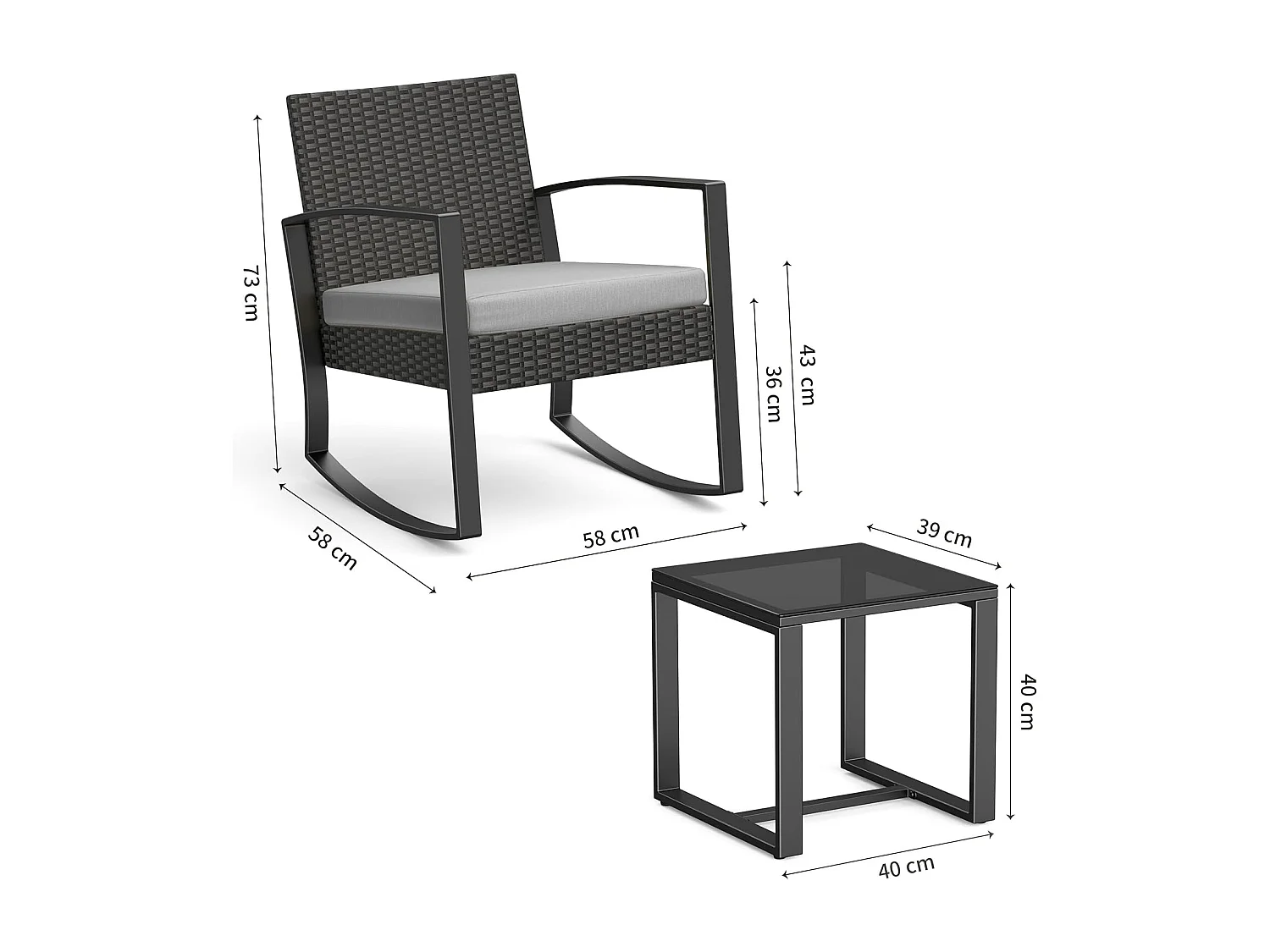 Bealife ensemble de fauteuil à bascule de jardin avec table d'appoint - gris