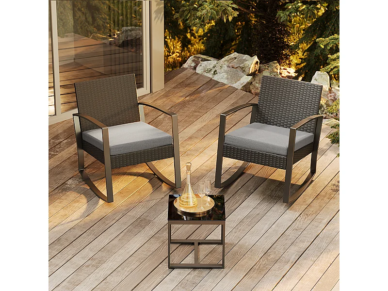 Bealife Jardín para 2 Personas Acero Sillón Cojines Mesa Vidrio Templado Ideal Juegos Comedor Conversación Terraza Balcón Zonas Exteriores Gris