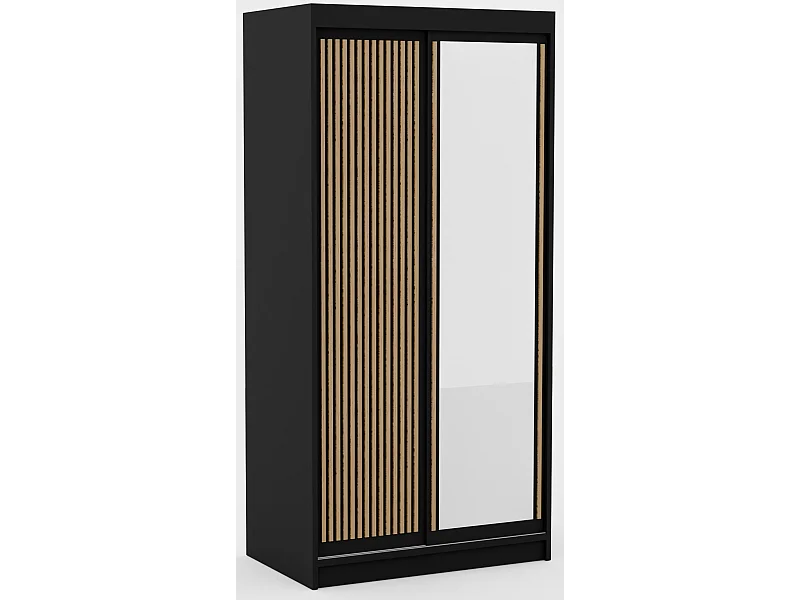 Armoire coulissante BIZEN avec lames décor bois et miroir – Moderne et chaleureux-Noir/Beige-Largeur 100 cm