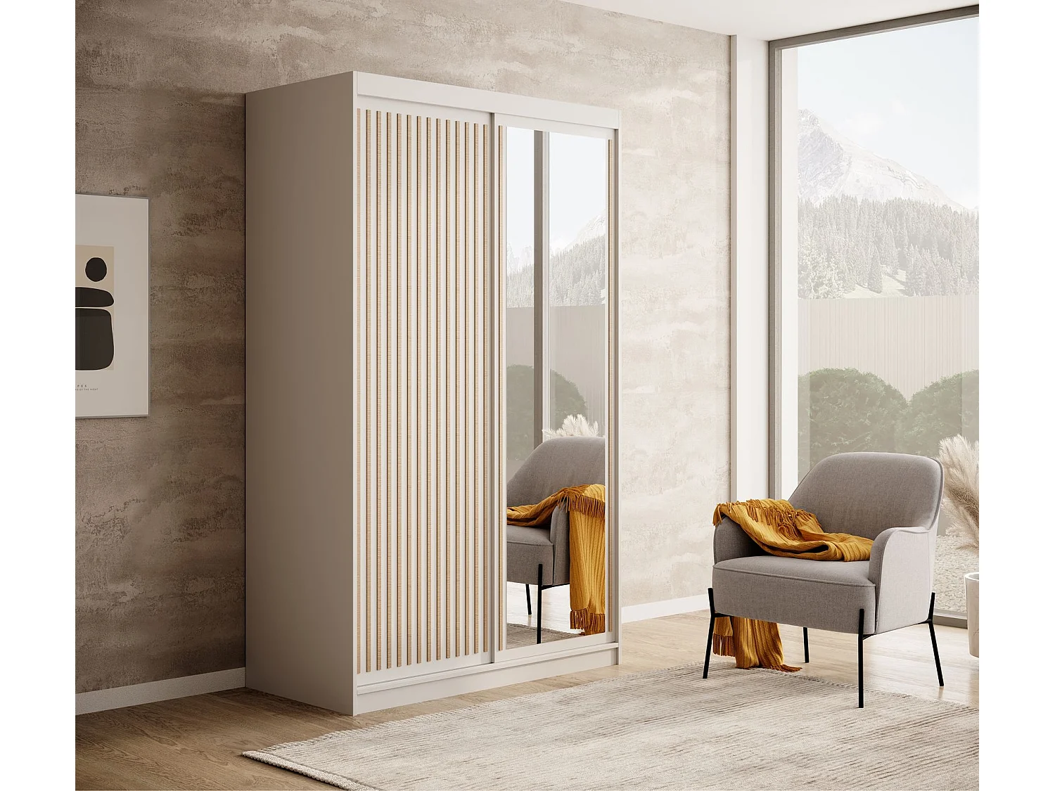Armoire coulissante BIZEN avec lames décor bois et miroir – Moderne et chaleureux-Blanc/Beige-Largeur 120 cm