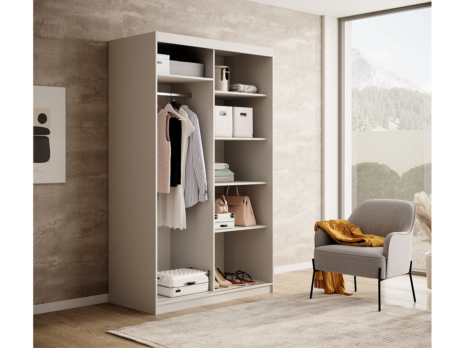 Armoire coulissante BIZEN avec lames décor bois et miroir – Moderne et chaleureux-Blanc/Beige-Largeur 120 cm