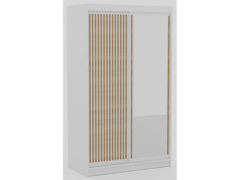 Armoire coulissante BIZEN avec lames décor bois et miroir – Moderne et chaleureux-Blanc/Beige-Largeur 120 cm