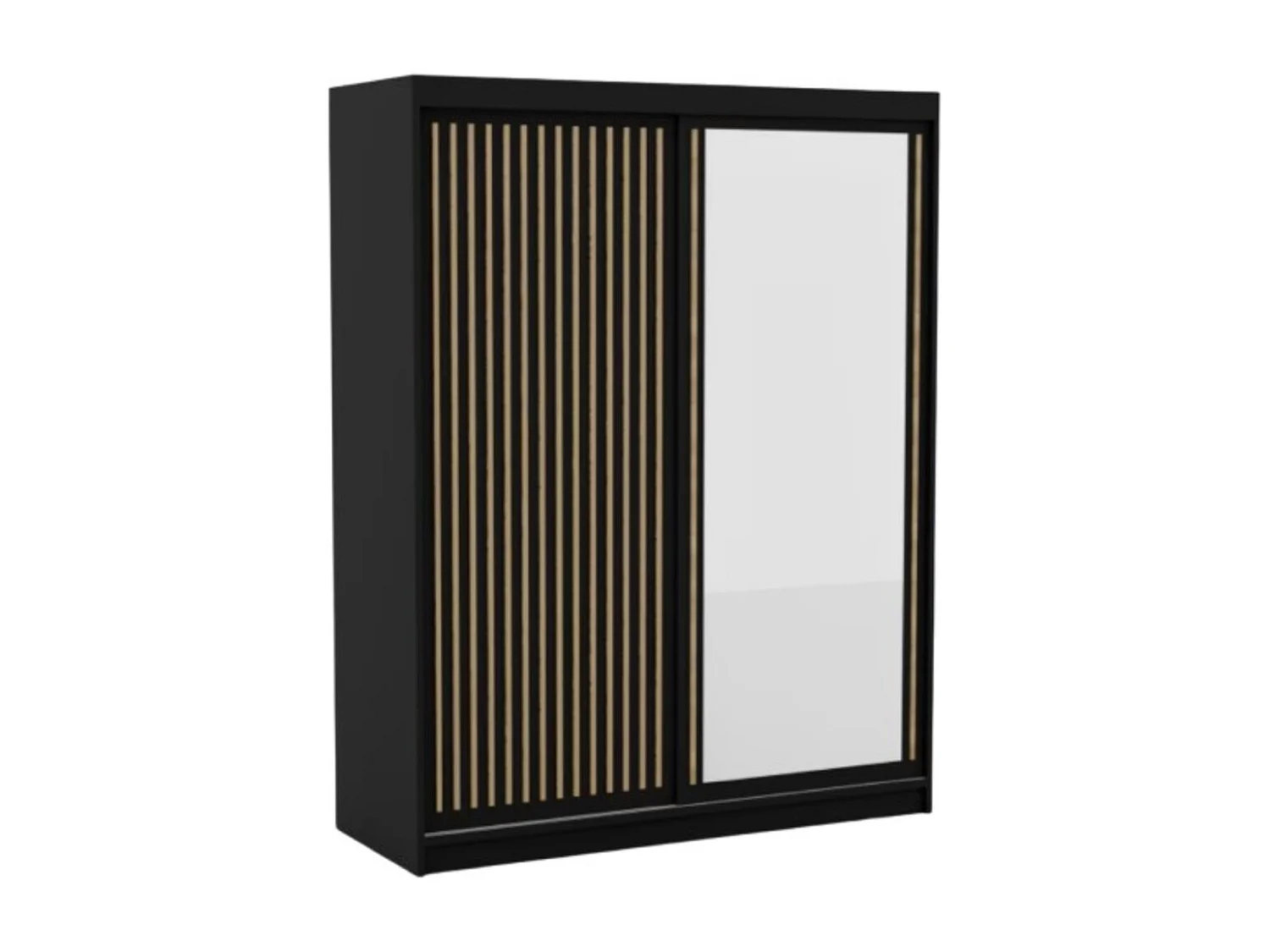 Armoire coulissante BIZEN avec lames décor bois et miroir – Moderne et chaleureux-Noir/Beige-Largeur 160 cm