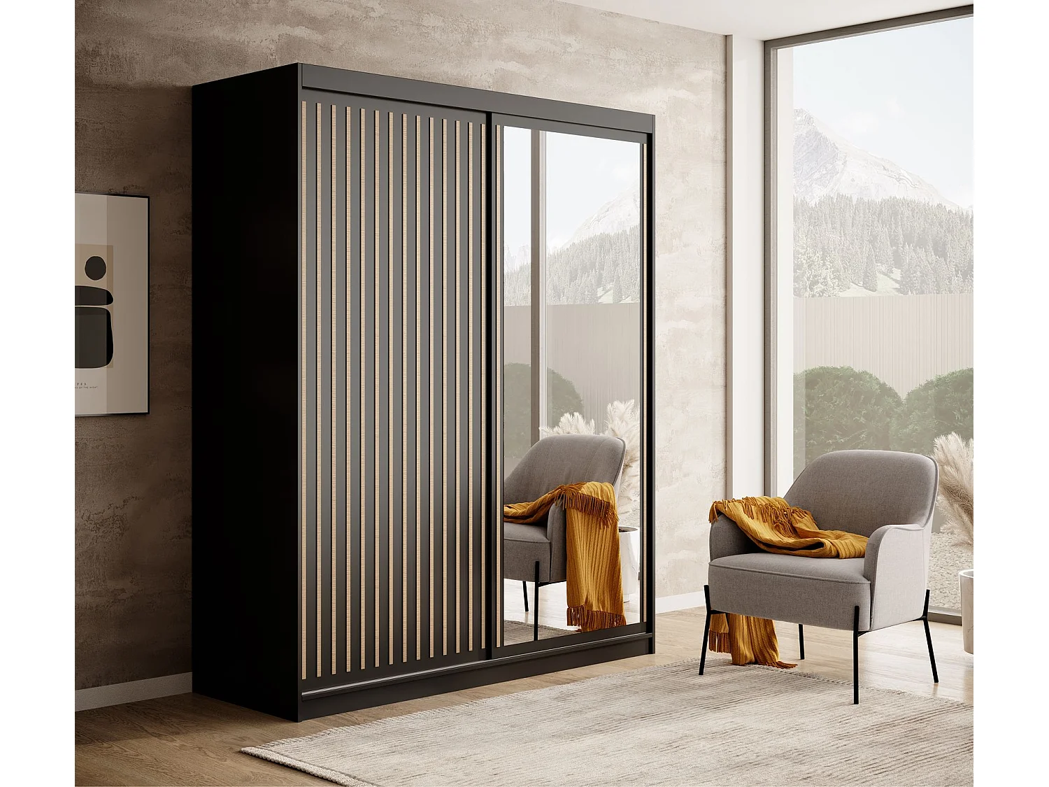 Armoire coulissante BIZEN avec lames décor bois et miroir – Moderne et chaleureux-Noir/Beige-Largeur 160 cm