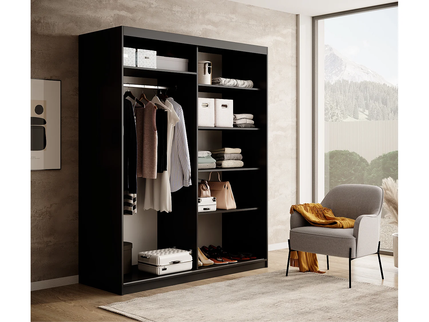 Armoire coulissante BIZEN avec lames décor bois et miroir – Moderne et chaleureux-Noir/Beige-Largeur 160 cm