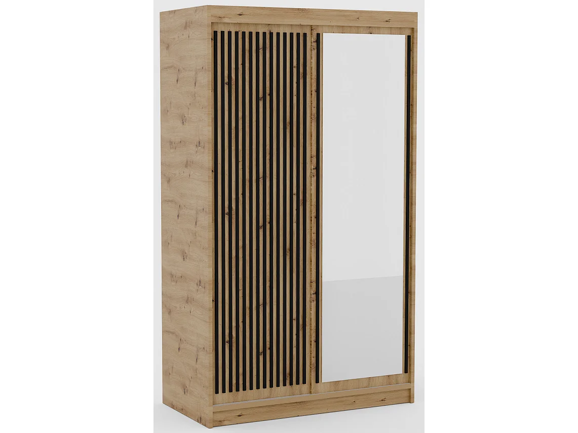 Armoire coulissante BIZEN avec lames décor bois et miroir – Moderne et chaleureux-Beige/Noir-Largeur 120 cm