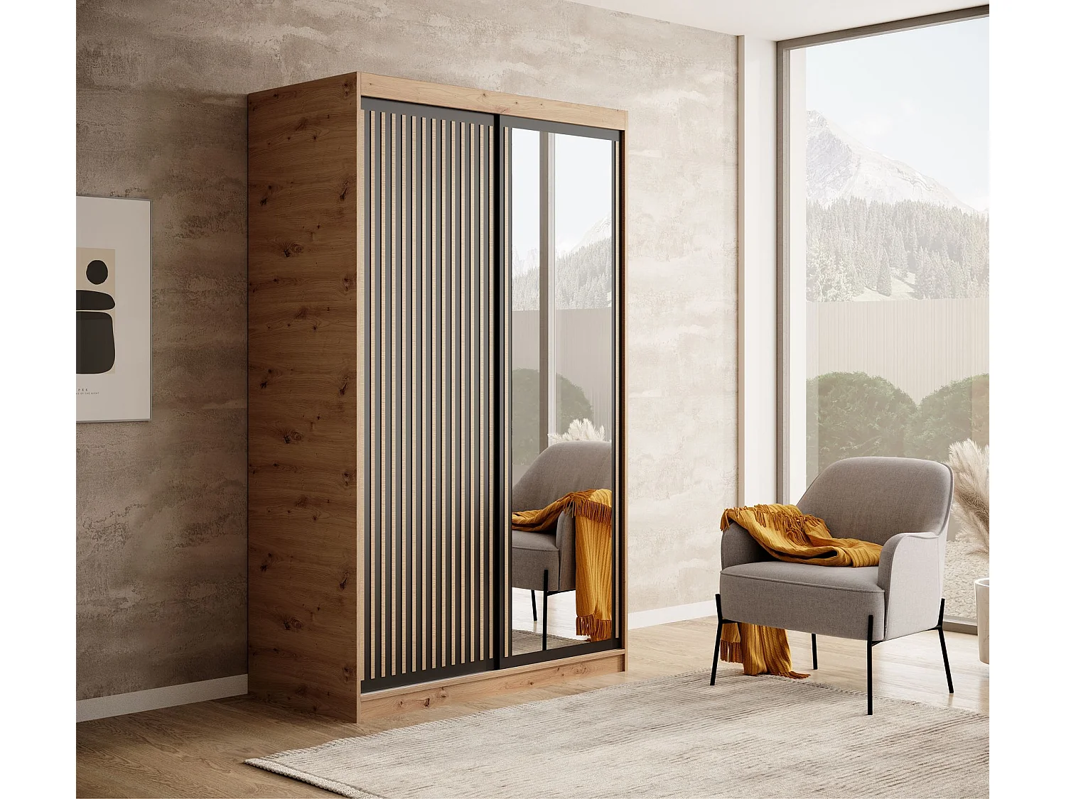 Armoire coulissante BIZEN avec lames décor bois et miroir – Moderne et chaleureux-Beige/Noir-Largeur 120 cm