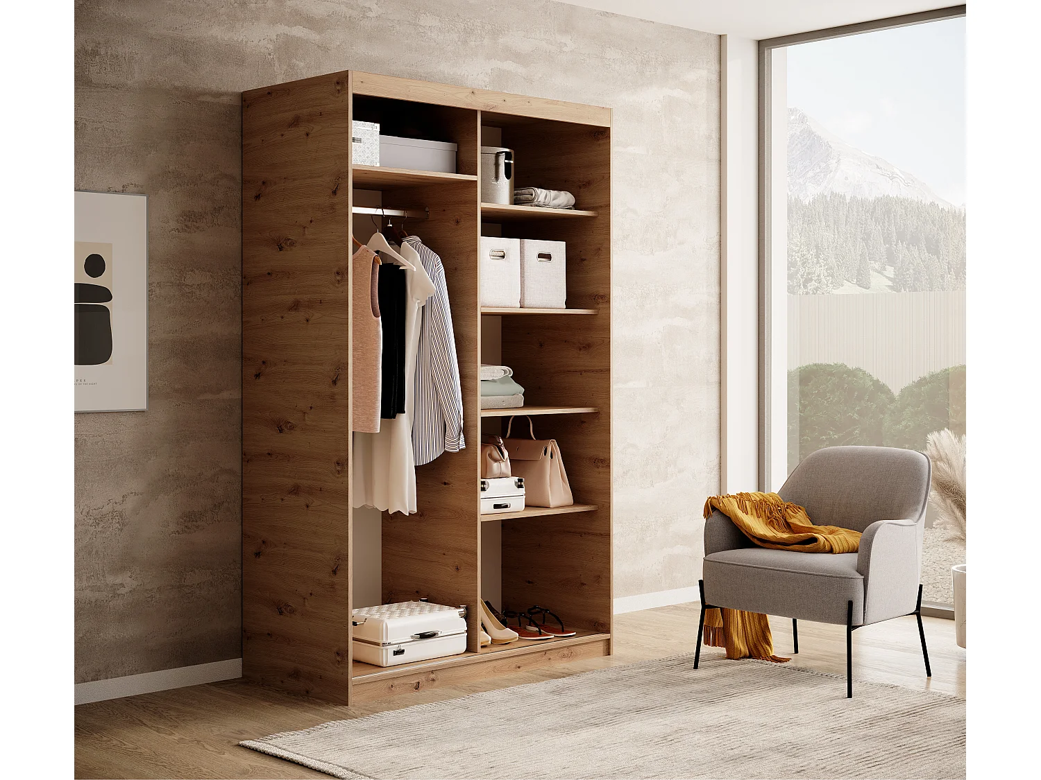 Armoire coulissante BIZEN avec lames décor bois et miroir – Moderne et chaleureux-Beige/Noir-Largeur 120 cm
