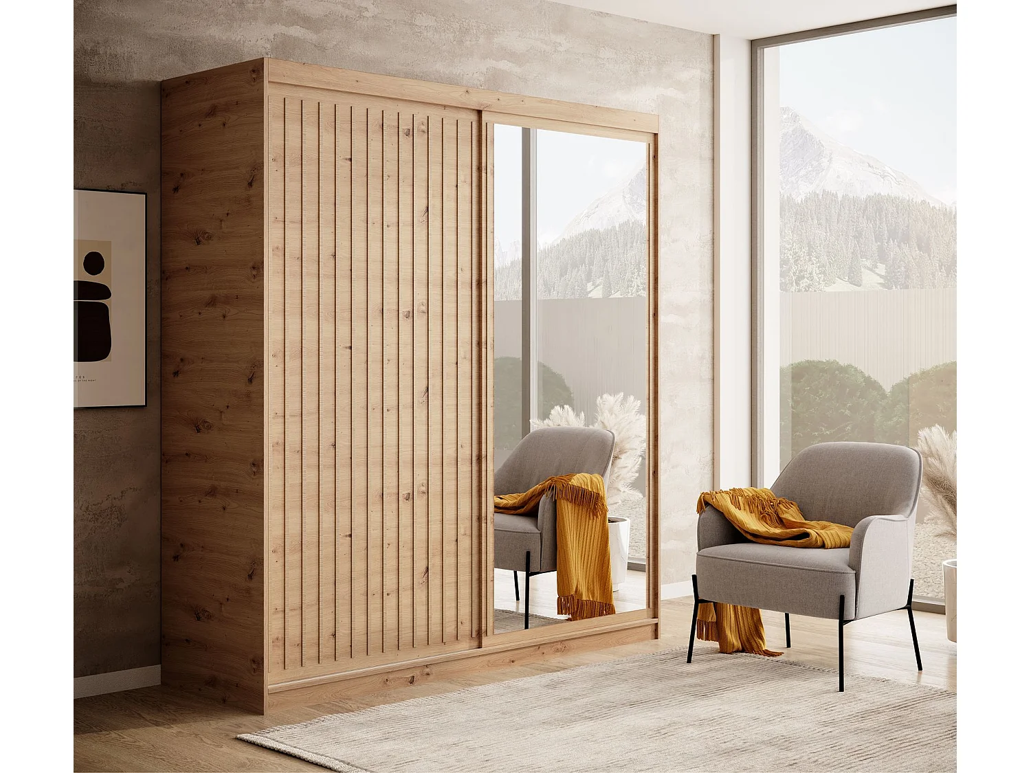 Armoire coulissante BIZEN avec lames décor bois et miroir – Moderne et chaleureux-Beige/Noir-Largeur 120 cm