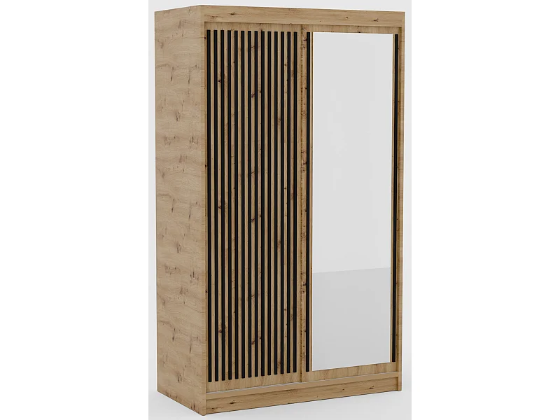 Armoire coulissante BIZEN avec lames décor bois et miroir – Moderne et chaleureux-Beige/Noir-Largeur 120 cm