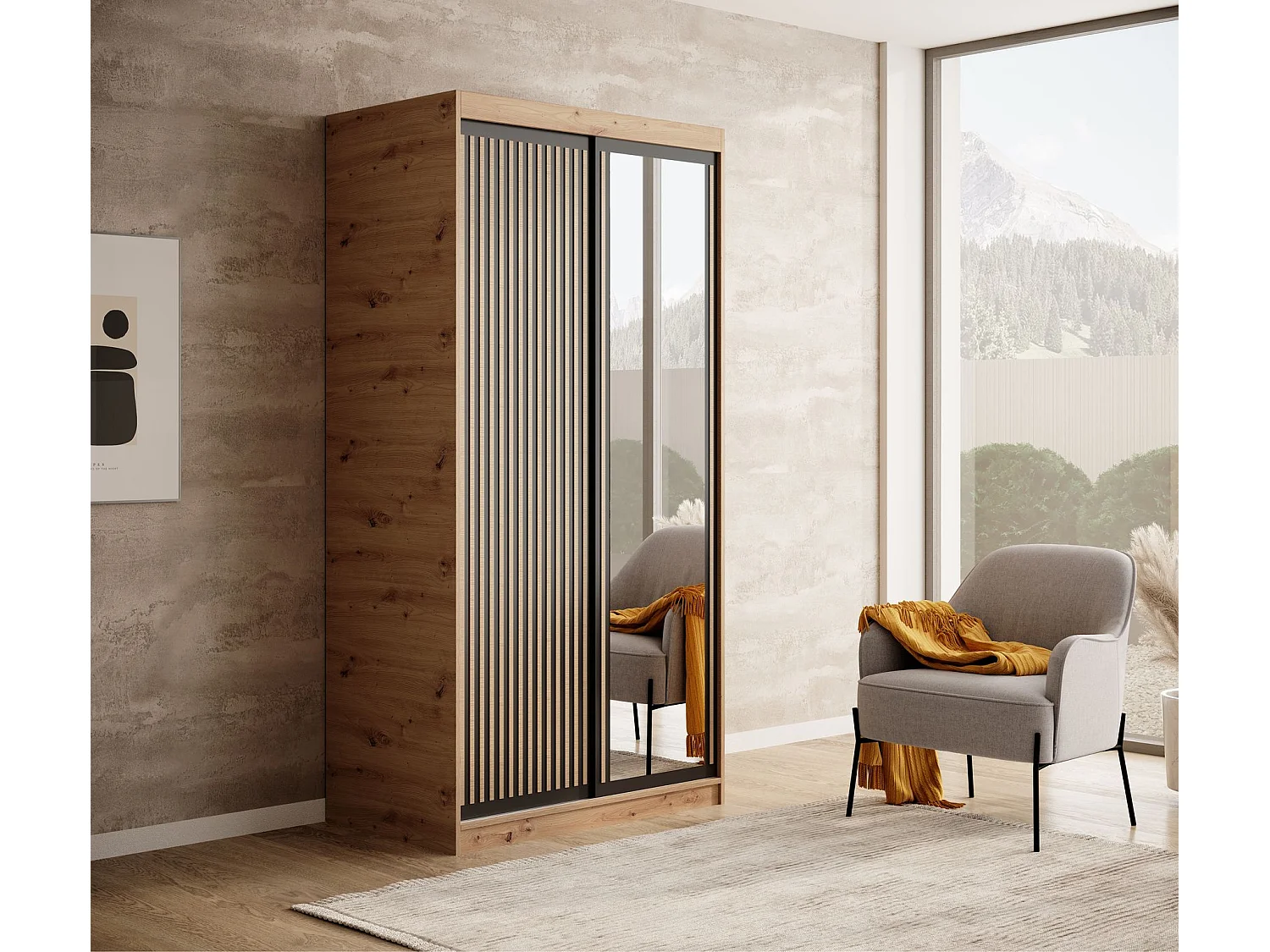 Armoire coulissante BIZEN avec lames décor bois et miroir – Moderne et chaleureux-Beige/Noir-Largeur 100 cm