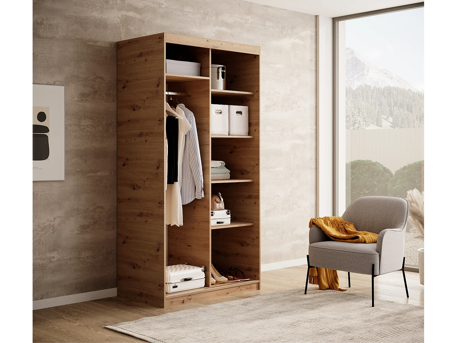 Armoire coulissante BIZEN avec lames décor bois et miroir – Moderne et chaleureux-Beige/Noir-Largeur 100 cm