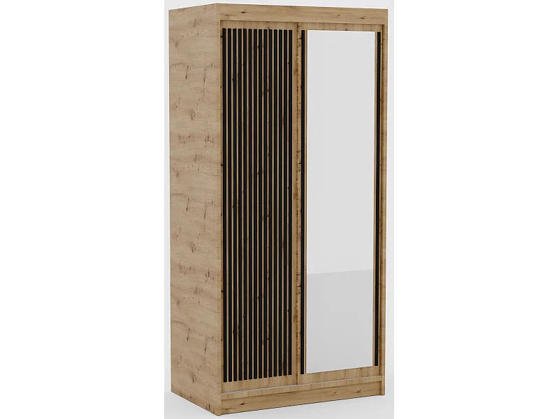 Armoire coulissante BIZEN avec lames décor bois et miroir – Moderne et chaleureux-Beige/Noir-Largeur 100 cm