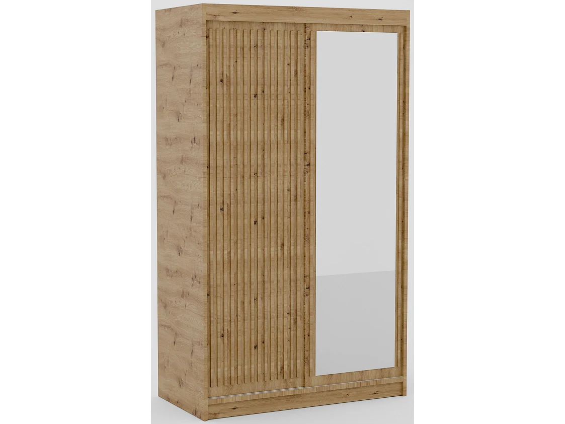 Armoire coulissante BIZEN avec lames décor bois et miroir – Moderne et chaleureux-Beige-Largeur 120 cm