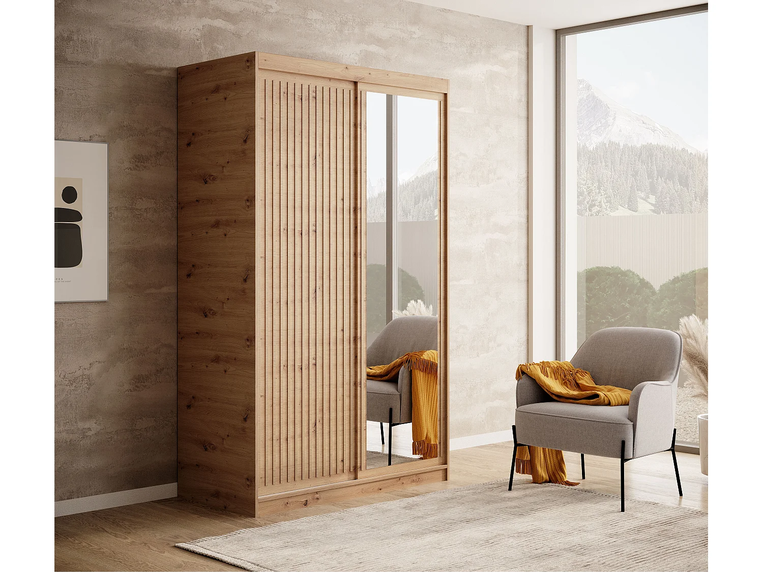 Armoire coulissante BIZEN avec lames décor bois et miroir – Moderne et chaleureux-Beige-Largeur 120 cm