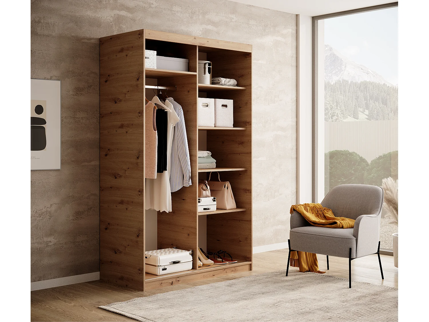 Armoire coulissante BIZEN avec lames décor bois et miroir – Moderne et chaleureux-Beige-Largeur 120 cm