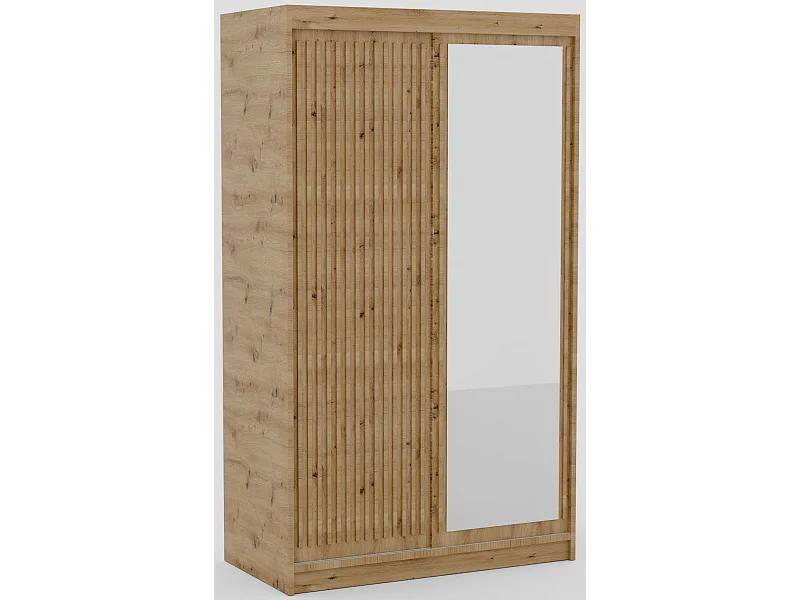 Armoire coulissante BIZEN avec lames décor bois et miroir – Moderne et chaleureux-Beige-Largeur 120 cm