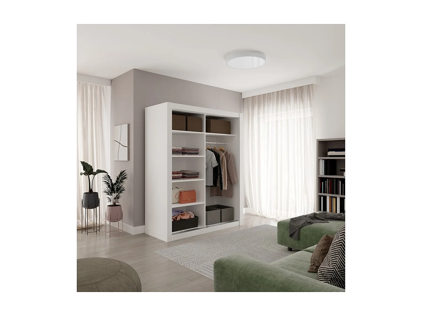 Armoire chambre adulte DIVA 160cm – 2 portes coulissantes dont 1 avec miroir-Blanc