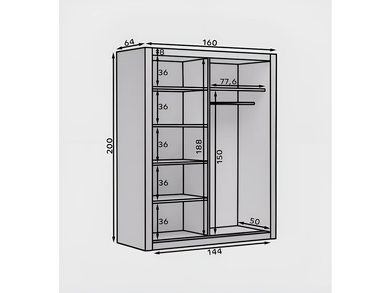 Armoire chambre adulte DIVA 160cm – 2 portes coulissantes dont 1 avec miroir-Blanc