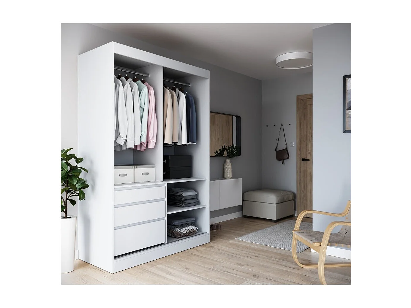 Armoire coulissante 3 portes KEDAR 180cm avec miroir – Design moderne et rangements intelligents-Blanc