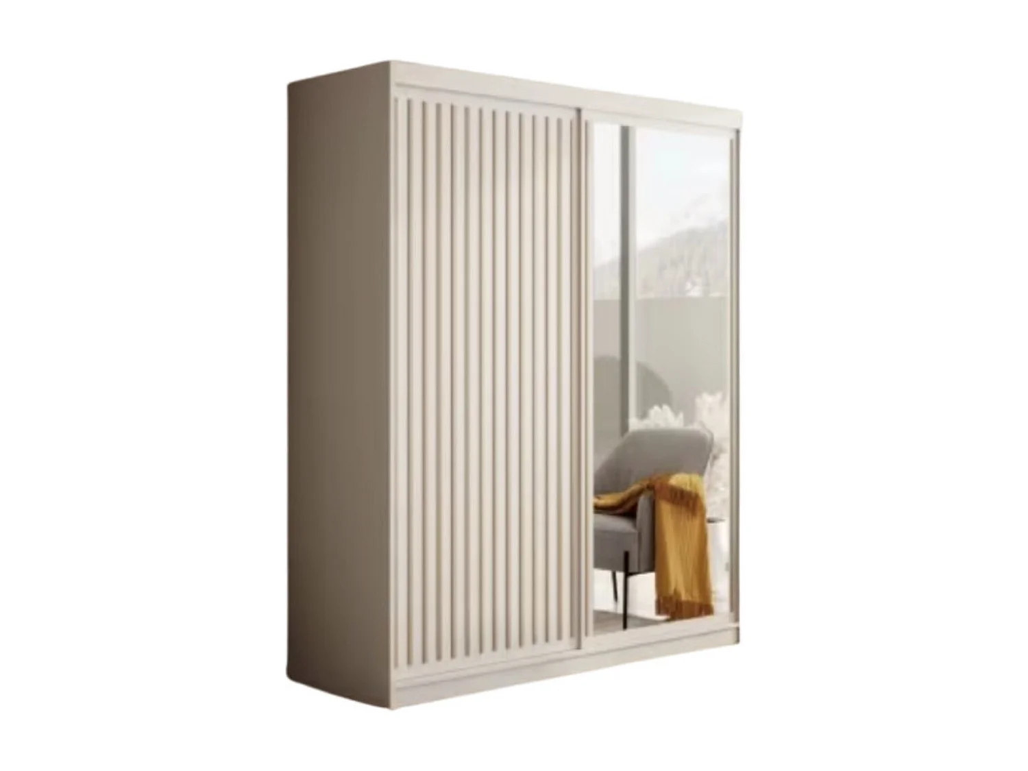 Armoire coulissante BIZEN avec lames décor bois et miroir – Moderne et chaleureux-Blanc/Beige-Largeur 180 cm