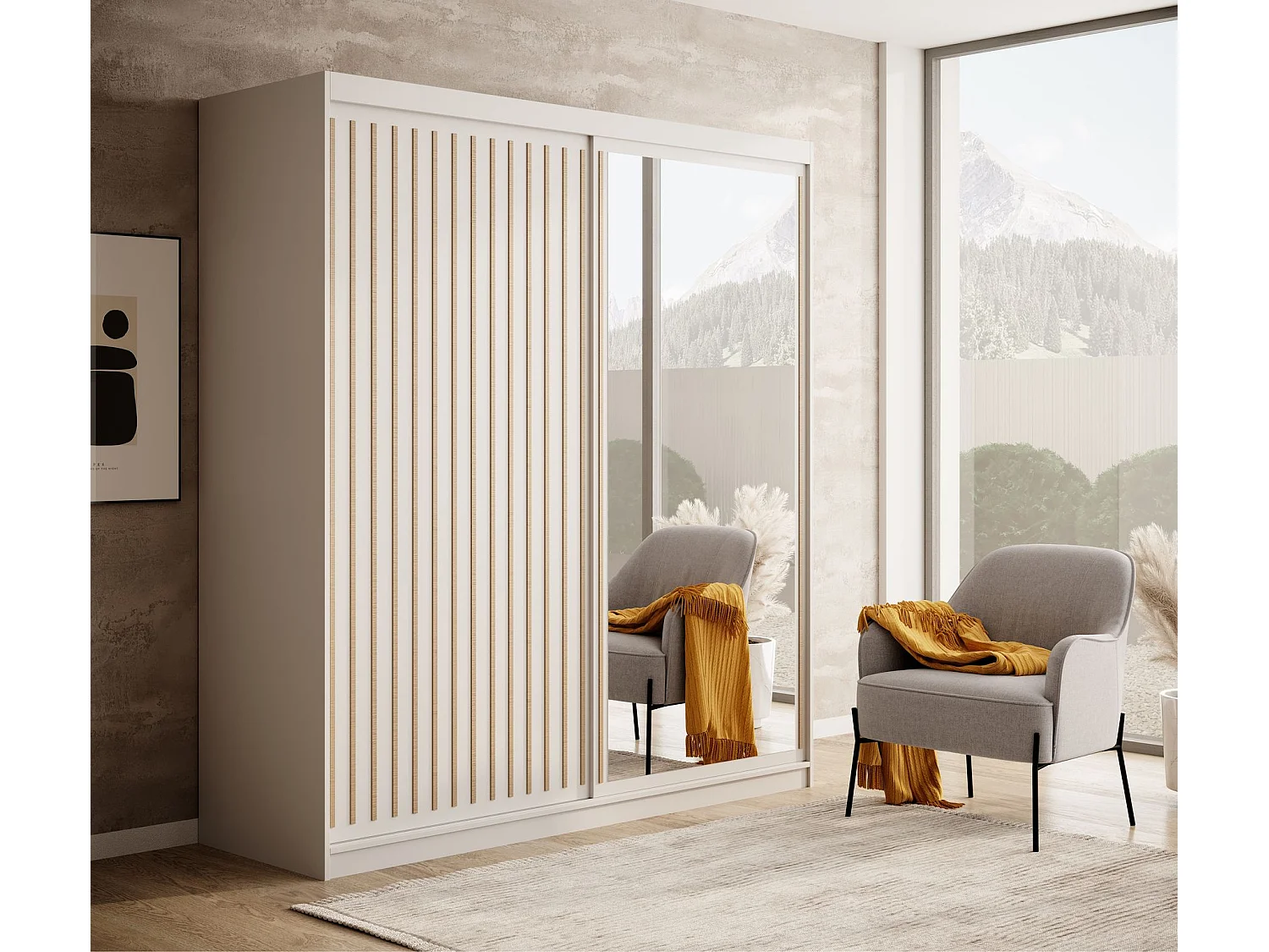 Armoire coulissante BIZEN avec lames décor bois et miroir – Moderne et chaleureux-Blanc/Beige-Largeur 180 cm