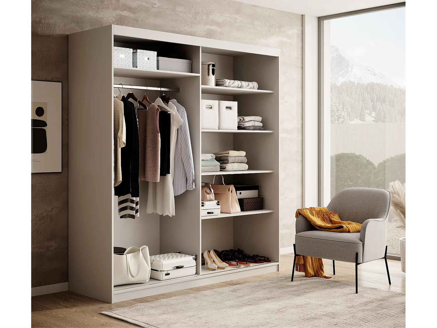 Armoire coulissante BIZEN avec lames décor bois et miroir – Moderne et chaleureux-Blanc/Beige-Largeur 180 cm