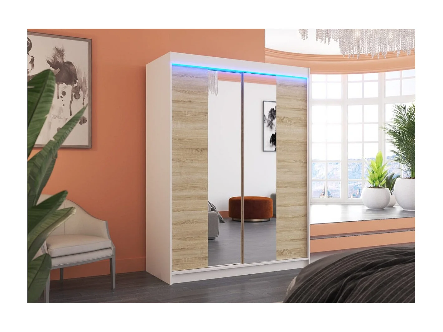 Kleiderschrank Ferran Lux (150cm)/Schiebetüren/Spiegel/LED/Weiss&Sonoma