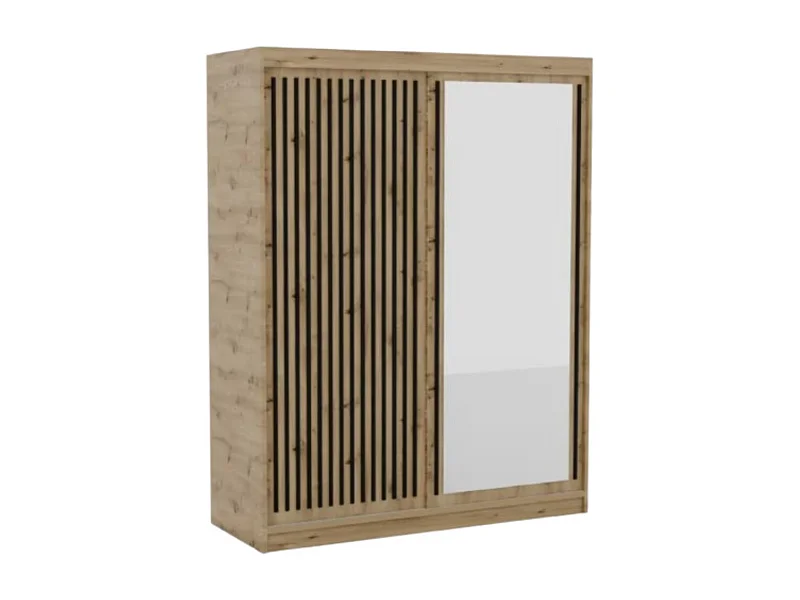 Armoire coulissante BIZEN avec lames décor bois et miroir – Moderne et chaleureux-Beige/Noir-Largeur 180 cm