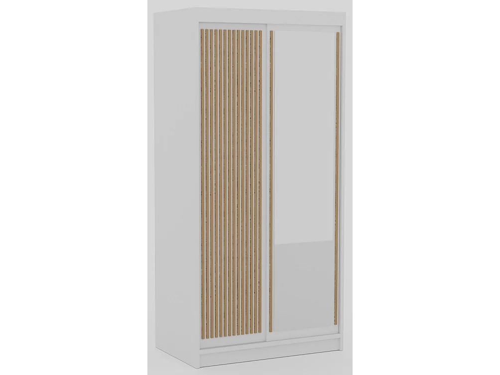 Armoire coulissante BIZEN avec lames décor bois et miroir – Moderne et chaleureux-Blanc/Beige-Largeur 100 cm