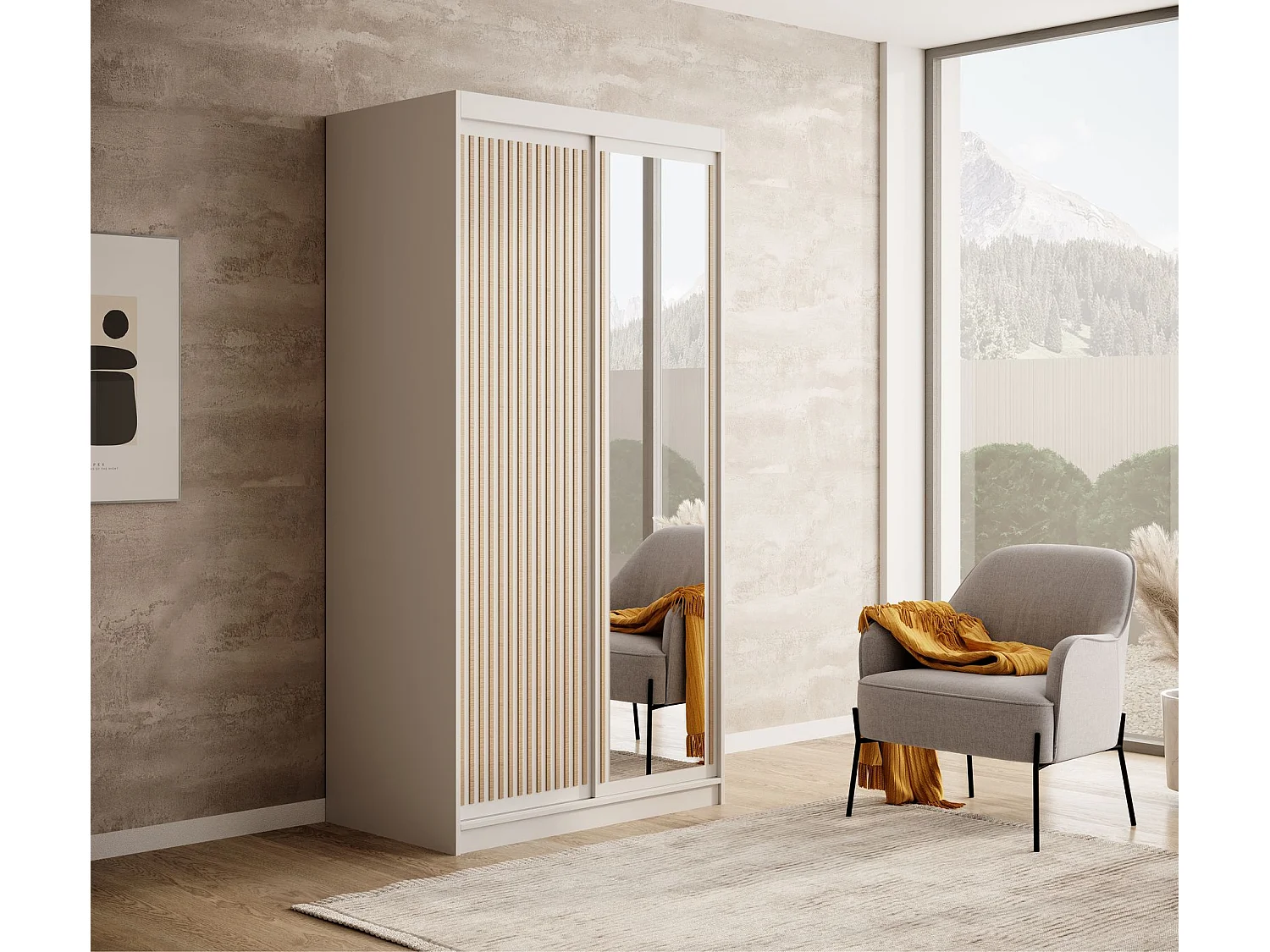 Armoire coulissante BIZEN avec lames décor bois et miroir – Moderne et chaleureux-Blanc/Beige-Largeur 100 cm