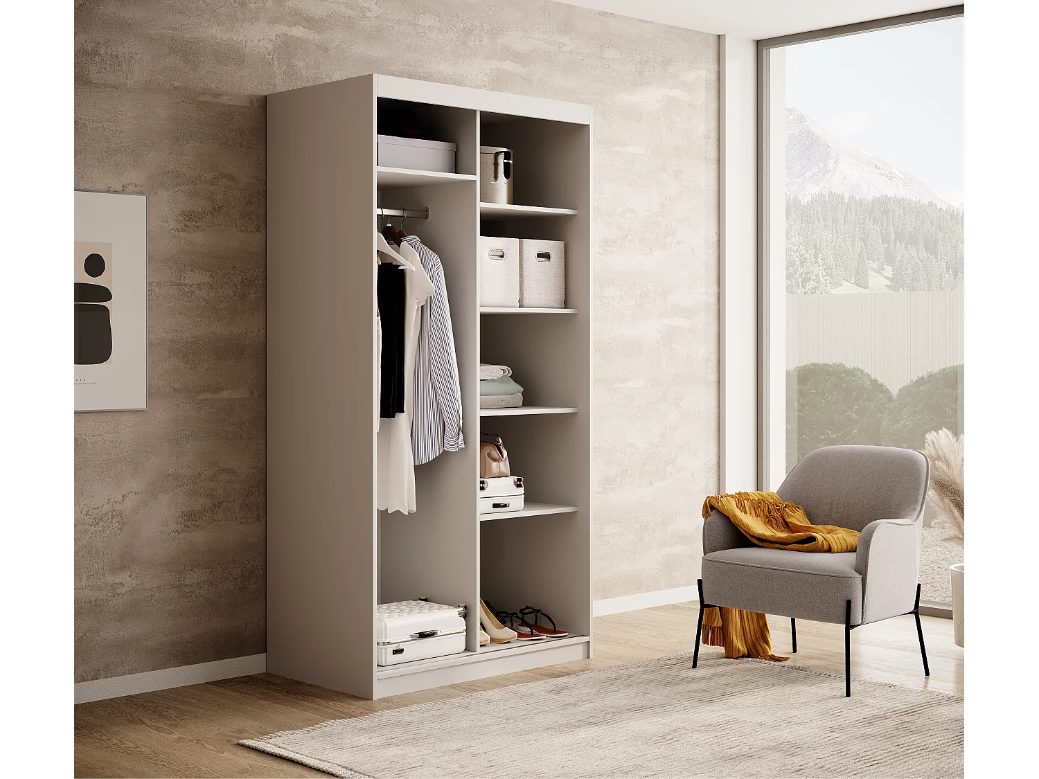 Armoire coulissante BIZEN avec lames décor bois et miroir – Moderne et chaleureux-Blanc/Beige-Largeur 100 cm