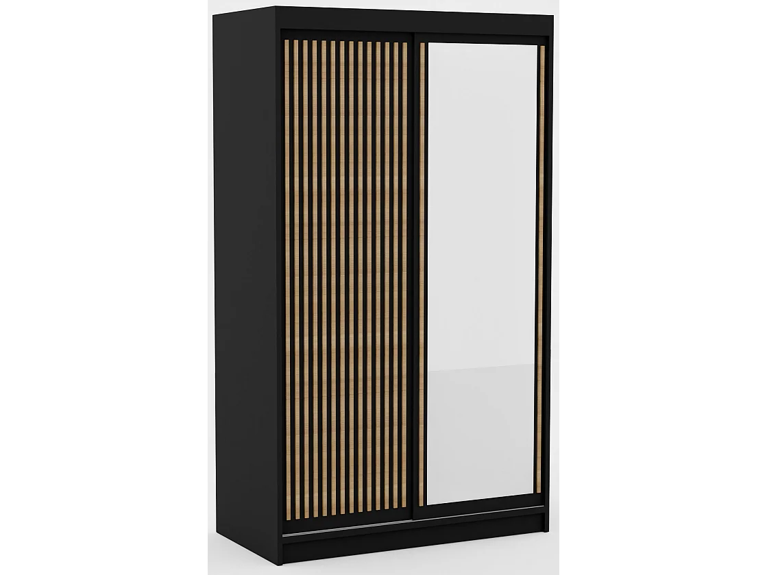 Armoire coulissante BIZEN avec lames décor bois et miroir – Moderne et chaleureux-Noir/Beige-Largeur 120 cm