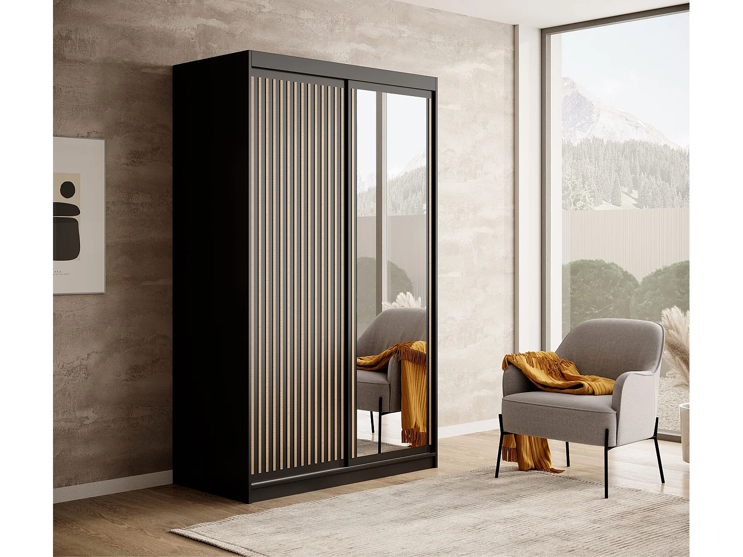 Armoire coulissante BIZEN avec lames décor bois et miroir – Moderne et chaleureux-Noir/Beige-Largeur 120 cm