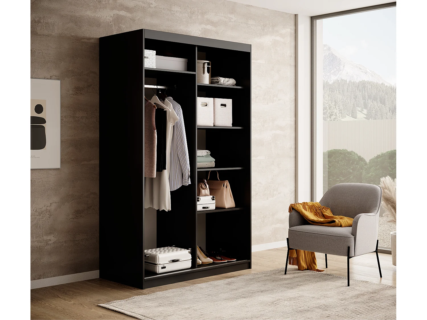 Armoire coulissante BIZEN avec lames décor bois et miroir – Moderne et chaleureux-Noir/Beige-Largeur 120 cm