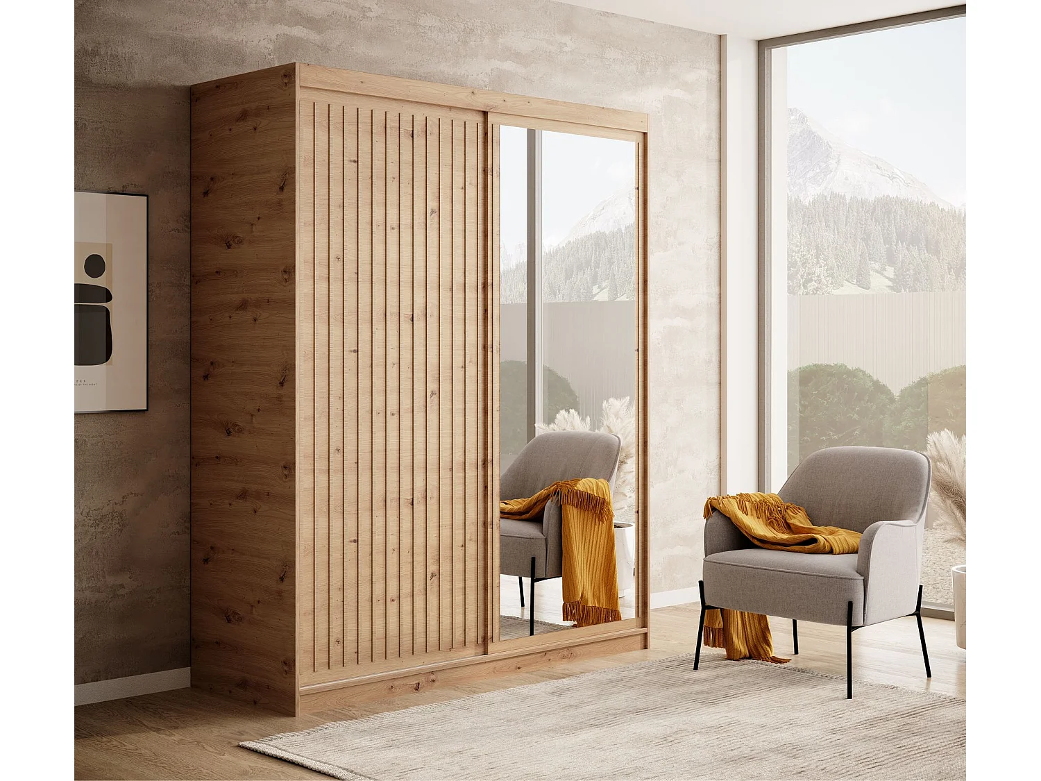 Armoire coulissante BIZEN avec lames décor bois et miroir – Moderne et chaleureux-Beige-Largeur 160 cm