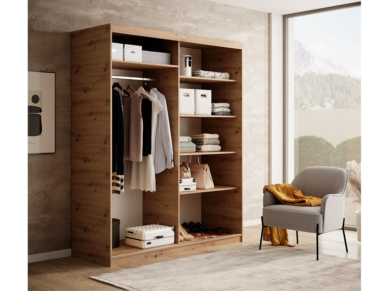 Armoire coulissante BIZEN avec lames décor bois et miroir – Moderne et chaleureux-Beige-Largeur 160 cm
