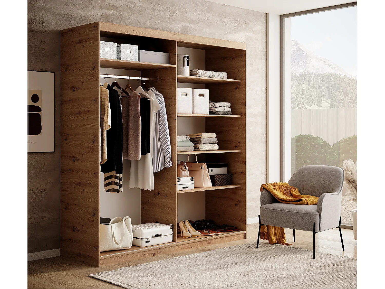 Armoire coulissante BIZEN avec lames décor bois et miroir – Moderne et chaleureux-Beige-Largeur 160 cm