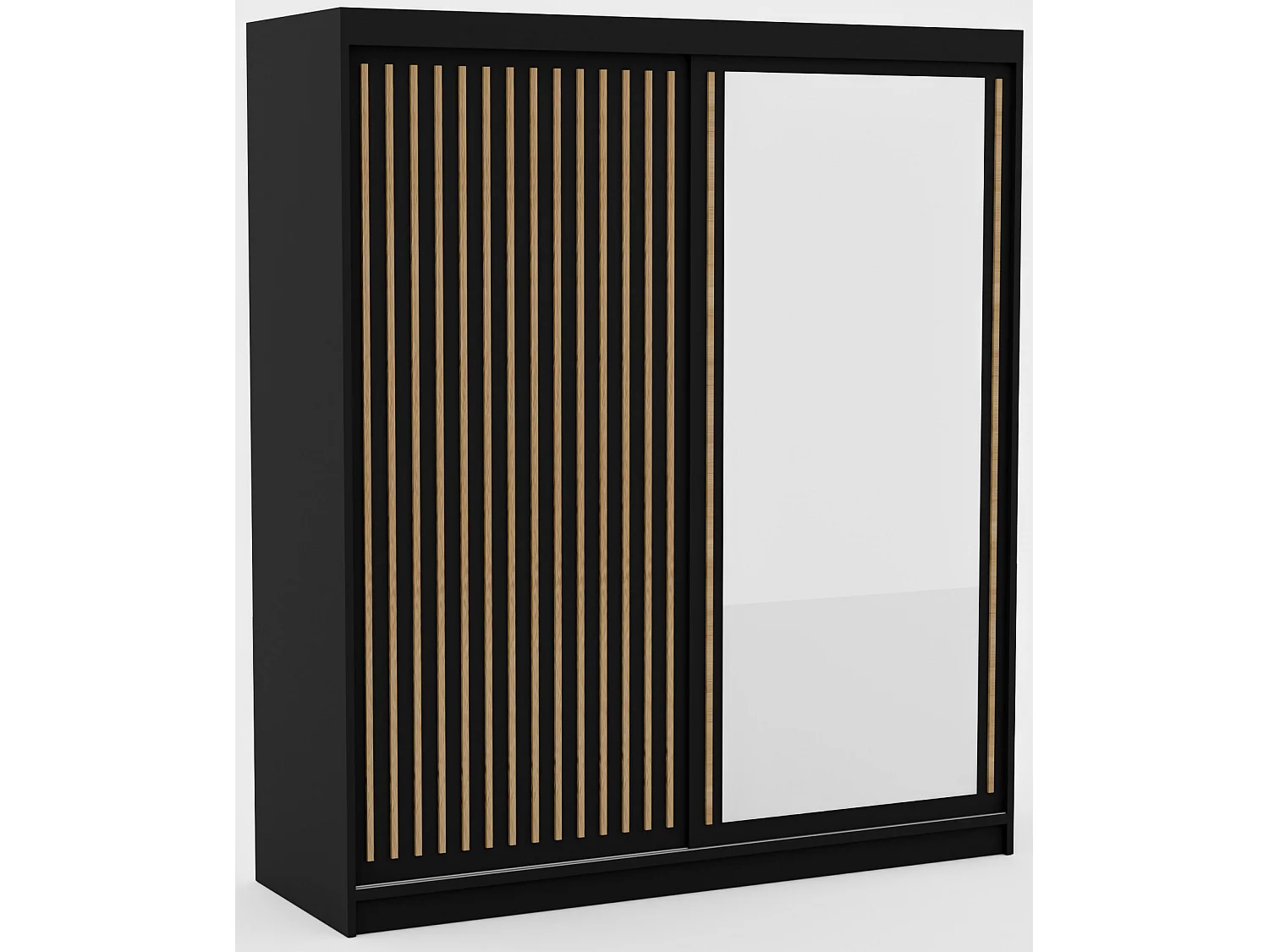Armoire coulissante BIZEN avec lames décor bois et miroir – Moderne et chaleureux-Noir/Beige-Largeur 180 cm