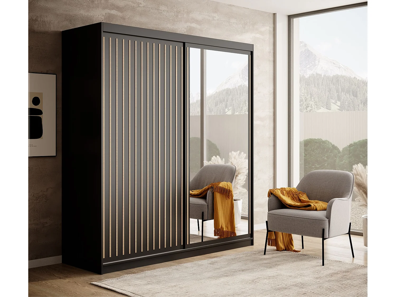 Armoire coulissante BIZEN avec lames décor bois et miroir – Moderne et chaleureux-Noir/Beige-Largeur 180 cm