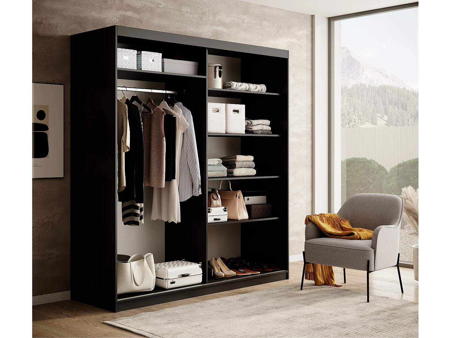 Armoire coulissante BIZEN avec lames décor bois et miroir – Moderne et chaleureux-Noir/Beige-Largeur 180 cm