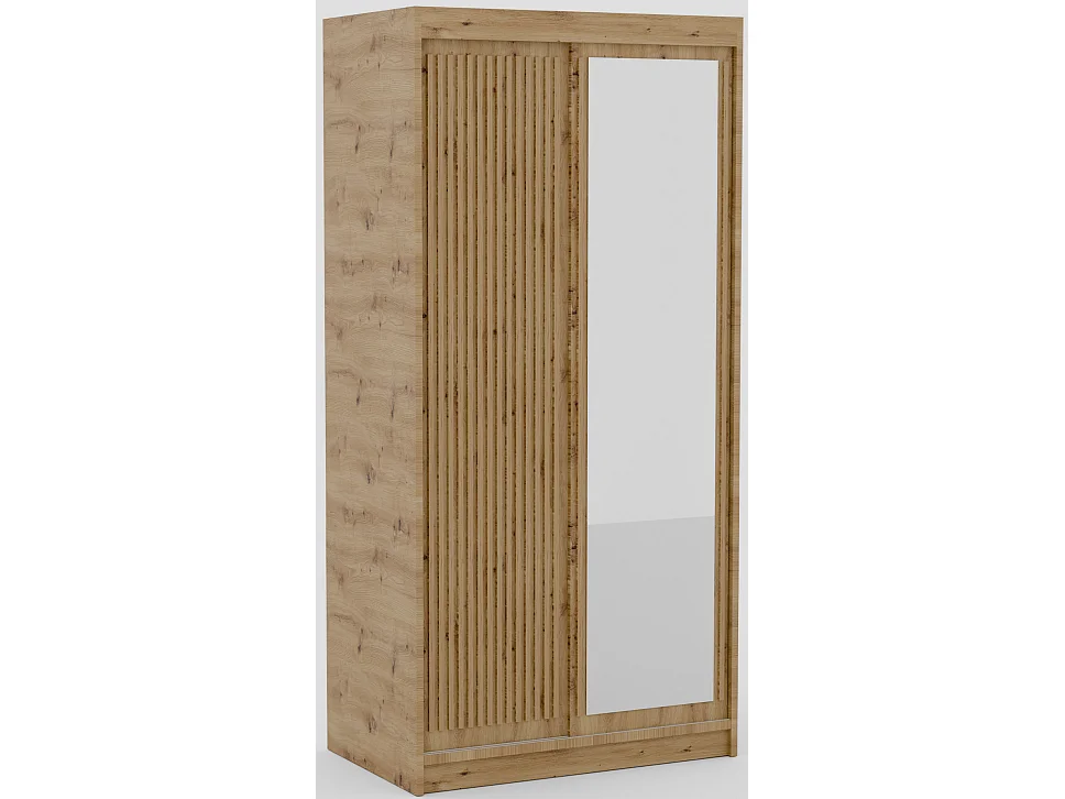 Armoire coulissante BIZEN avec lames décor bois et miroir – Moderne et chaleureux-Beige-Largeur 100 cm