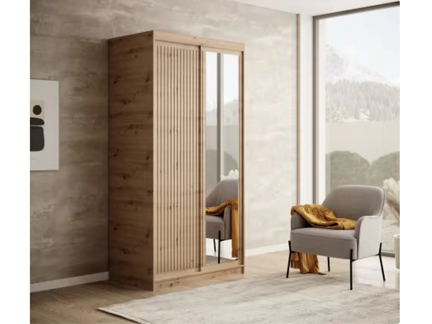 Armoire coulissante BIZEN avec lames décor bois et miroir – Moderne et chaleureux-Beige-Largeur 100 cm