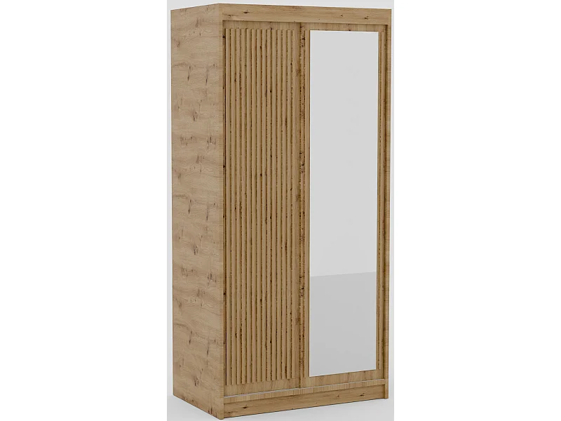 Armoire coulissante BIZEN avec lames décor bois et miroir – Moderne et chaleureux-Beige-Largeur 100 cm