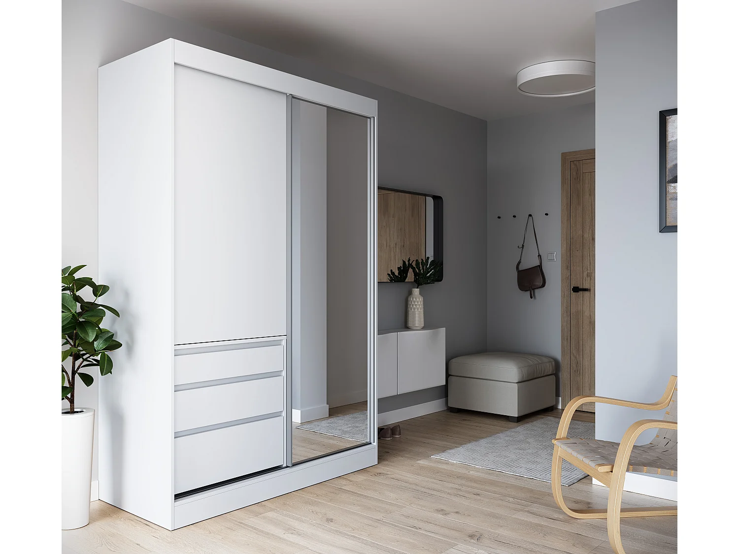 Armoire coulissante 2 portes KEDAR 140cm avec miroir - Compacte et élégante-Blanc